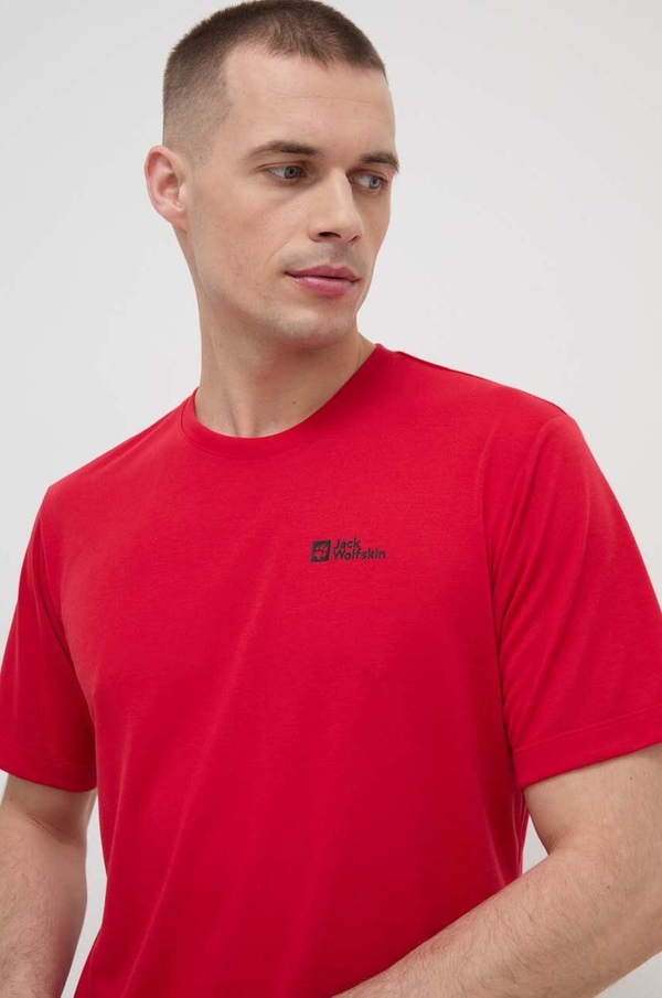 Czerwony t-shirt Jack Wolfskin w sportowym stylu z krótkim rękawem