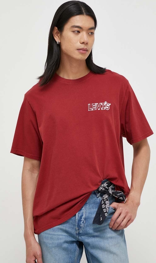 Czerwony t-shirt Levis z nadrukiem z bawełny w młodzieżowym stylu