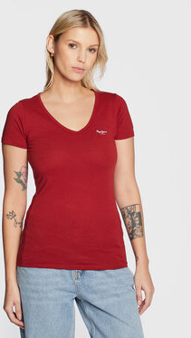 Czerwony t-shirt Pepe Jeans z dekoltem w kształcie litery v w stylu casual z krótkim rękawem