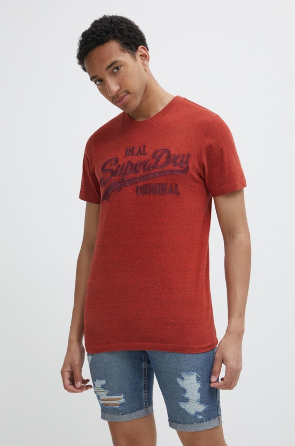 Czerwony t-shirt Superdry z bawełny z krótkim rękawem w młodzieżowym stylu