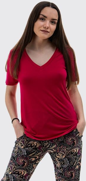 Czerwony t-shirt Szachownica w stylu casual z krótkim rękawem z dekoltem w kształcie litery v