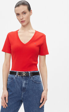Czerwony t-shirt Tommy Hilfiger w stylu casual z dekoltem w kształcie litery v z krótkim rękawem