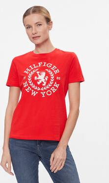 Czerwony t-shirt Tommy Hilfiger z okrągłym dekoltem w młodzieżowym stylu z krótkim rękawem