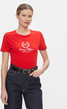 Czerwony t-shirt Tommy Hilfiger z okrągłym dekoltem z krótkim rękawem