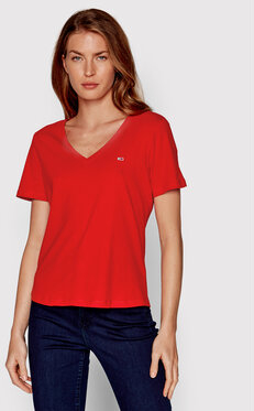 Czerwony t-shirt Tommy Jeans z dekoltem w kształcie litery v w stylu casual