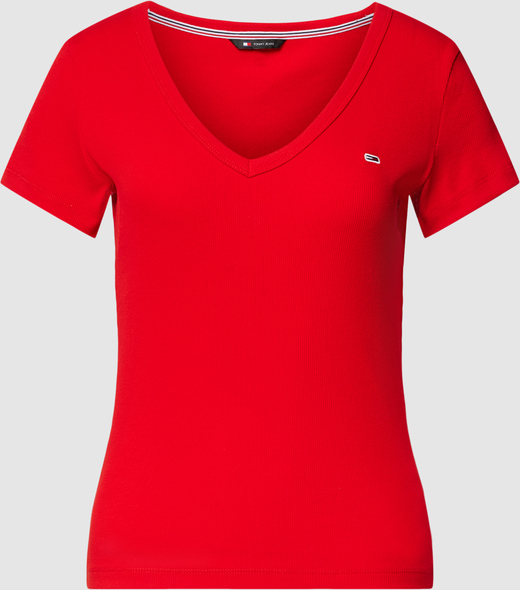 Czerwony t-shirt Tommy Jeans z dekoltem w kształcie litery v z krótkim rękawem