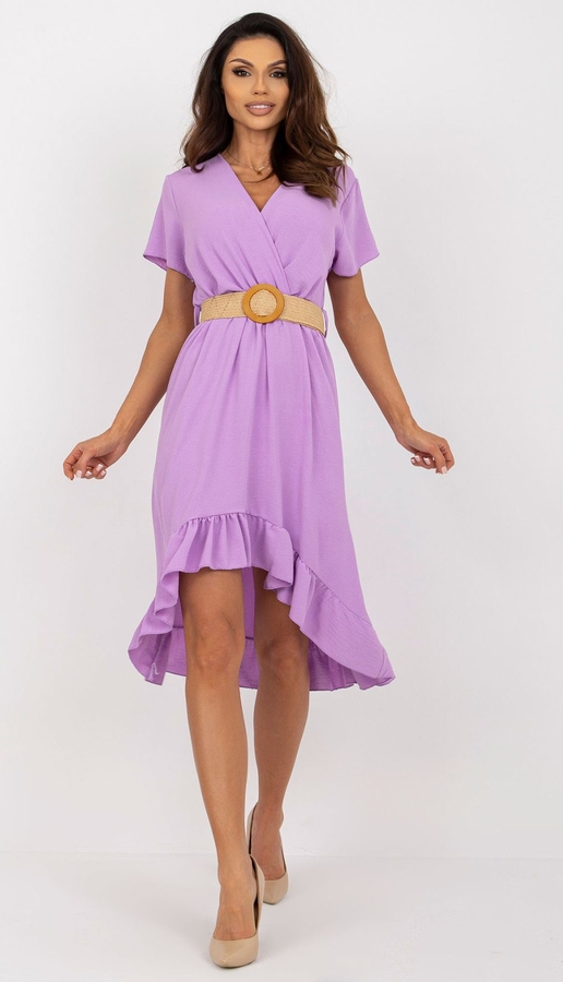 Fioletowa sukienka 5.10.15 z krótkim rękawem asymetryczna z dekoltem w kształcie litery v