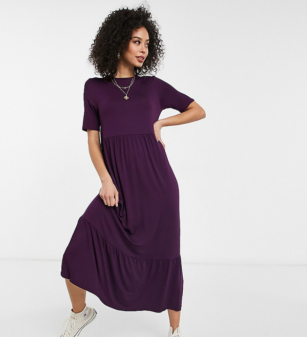 Fioletowa sukienka Asos midi z krótkim rękawem