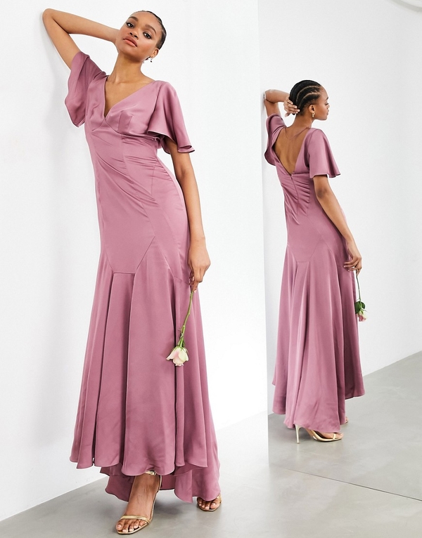 Fioletowa sukienka Asos z dekoltem w kształcie litery v z krótkim rękawem maxi