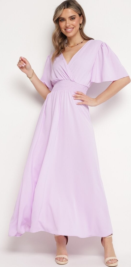 Fioletowa sukienka born2be kopertowa z krótkim rękawem z dekoltem w kształcie litery v