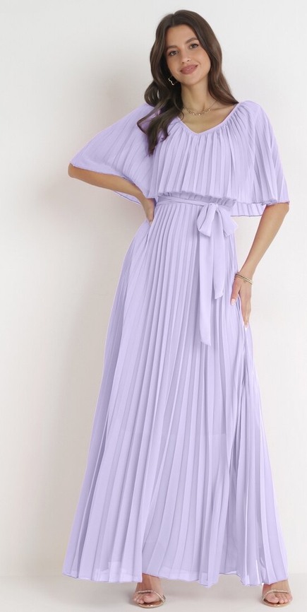 Fioletowa sukienka born2be maxi z dekoltem w kształcie litery v z krótkim rękawem