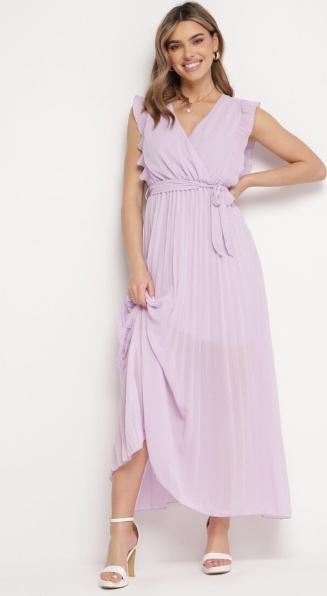 Fioletowa sukienka born2be maxi z krótkim rękawem z dekoltem w kształcie litery v
