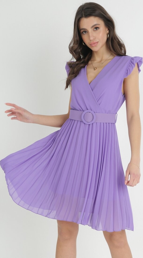 Fioletowa sukienka born2be w stylu retro z tkaniny z krótkim rękawem