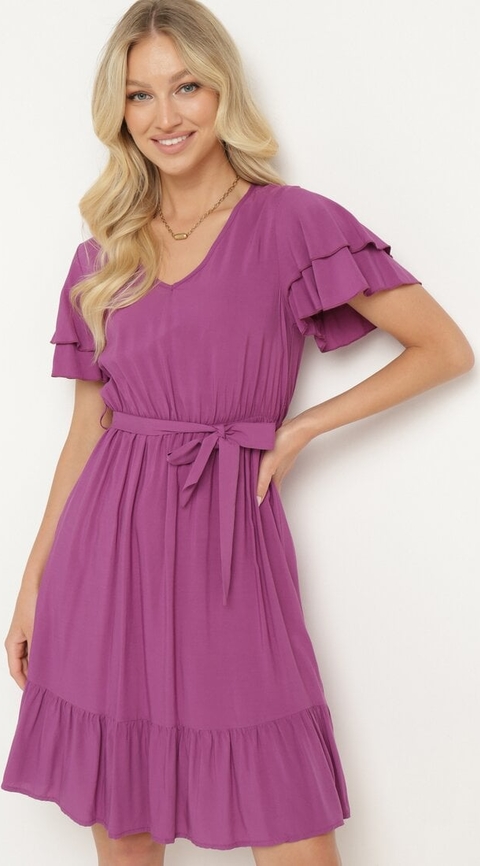 Fioletowa sukienka born2be z bawełny mini z dekoltem w kształcie litery v