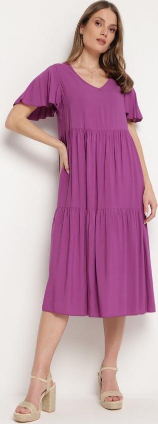 Fioletowa sukienka born2be z bawełny z krótkim rękawem