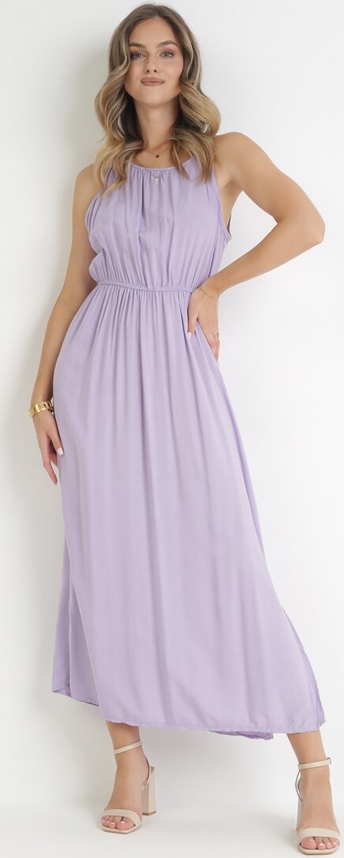 Fioletowa sukienka born2be z dekoltem w kształcie litery v bez rękawów maxi