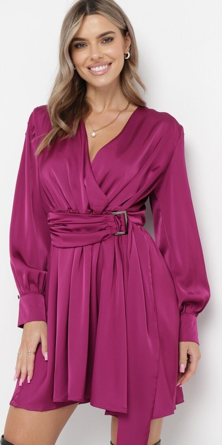 Fioletowa sukienka born2be z długim rękawem z dekoltem w kształcie litery v mini