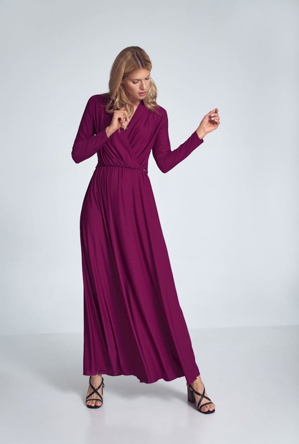 Fioletowa sukienka Figl z długim rękawem z dekoltem w kształcie litery v maxi