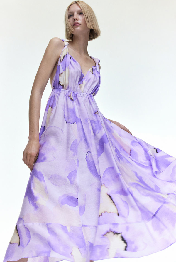 Fioletowa sukienka H & M na ramiączkach midi z dekoltem w kształcie litery v
