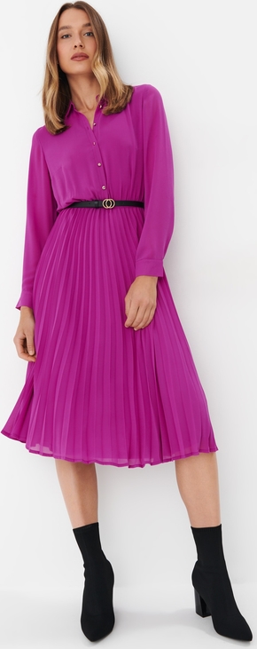 Fioletowa sukienka Mohito midi z dekoltem w kształcie litery v z długim rękawem