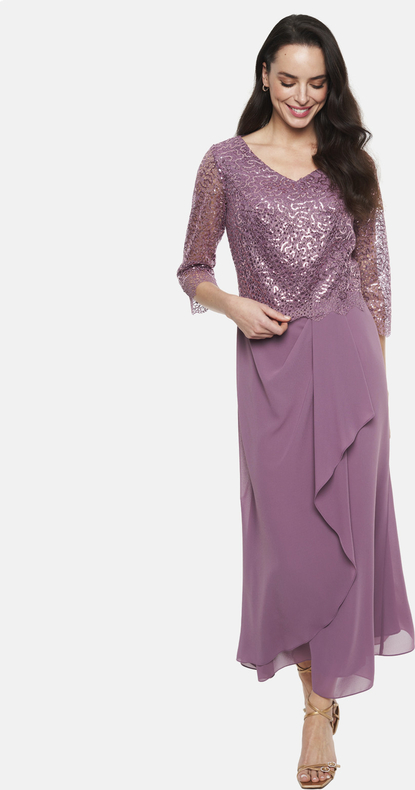 Fioletowa sukienka POTIS & VERSO z dekoltem w kształcie litery v maxi z długim rękawem