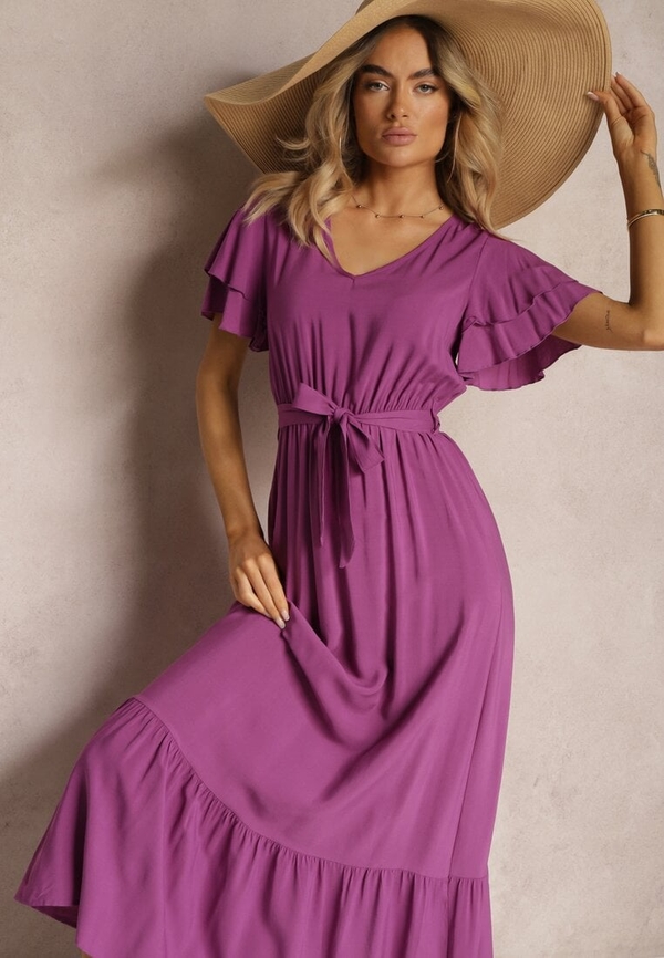 Fioletowa sukienka Renee w stylu casual z krótkim rękawem z dekoltem w kształcie litery v