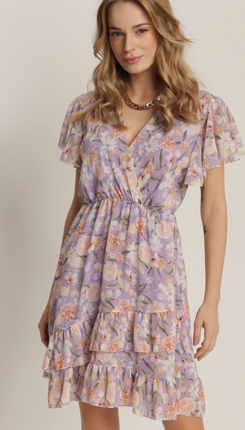 Fioletowa sukienka Renee z krótkim rękawem mini z dekoltem w kształcie litery v