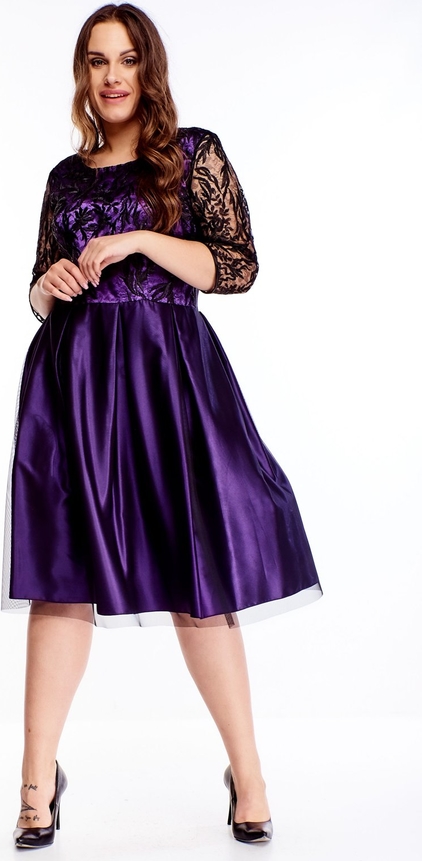 Fioletowa sukienka TAGLESS z okrągłym dekoltem midi dla puszystych