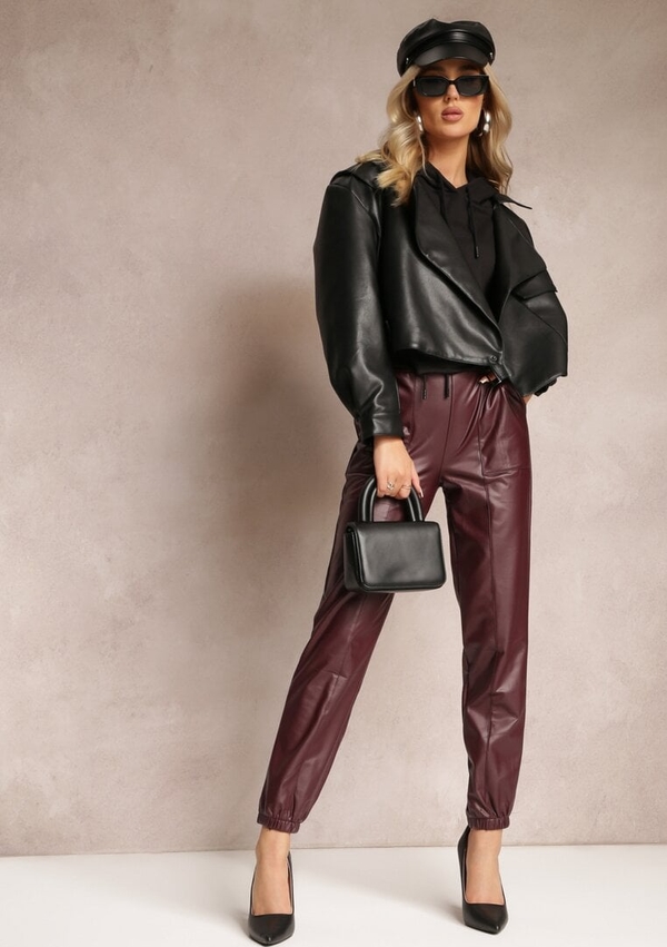 Fioletowe spodnie Renee ze skóry ekologicznej w stylu casual