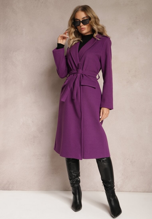 Fioletowy płaszcz Renee taliowana w stylu casual bez kaptura