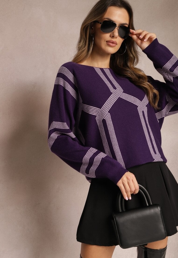 Fioletowy sweter Renee w geometryczne wzory w stylu casual