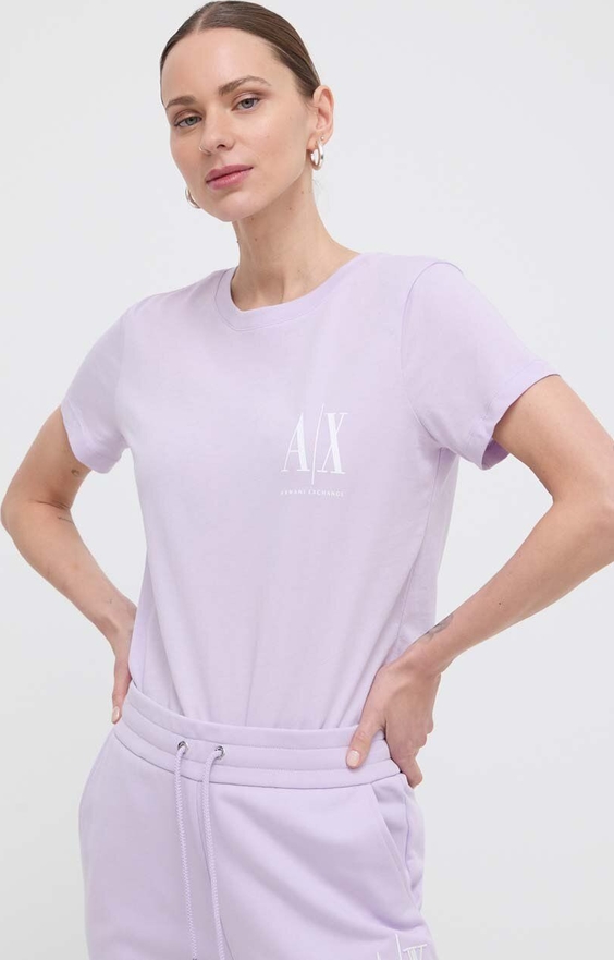 Fioletowy t-shirt Armani Exchange w młodzieżowym stylu z okrągłym dekoltem z krótkim rękawem