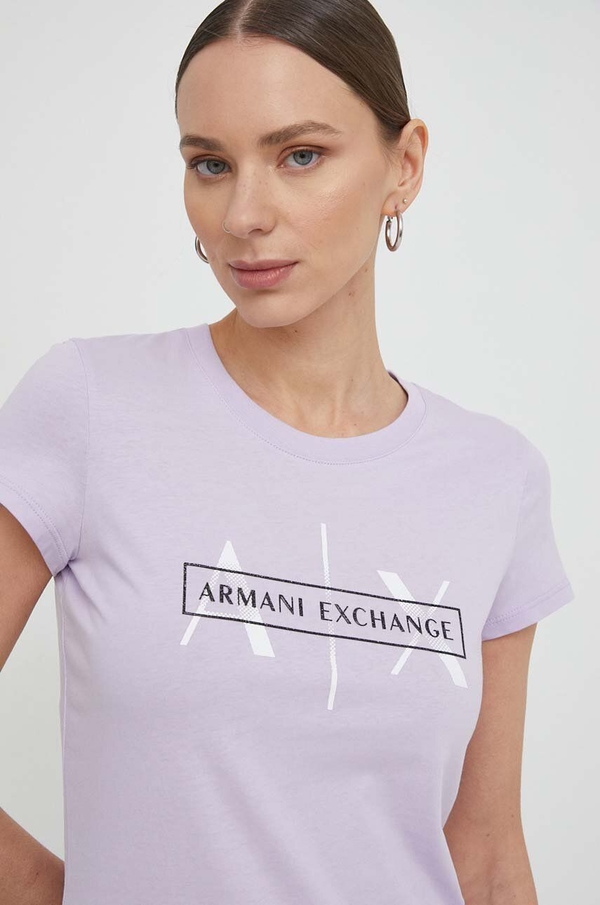 Fioletowy t-shirt Armani Exchange z krótkim rękawem w młodzieżowym stylu z okrągłym dekoltem