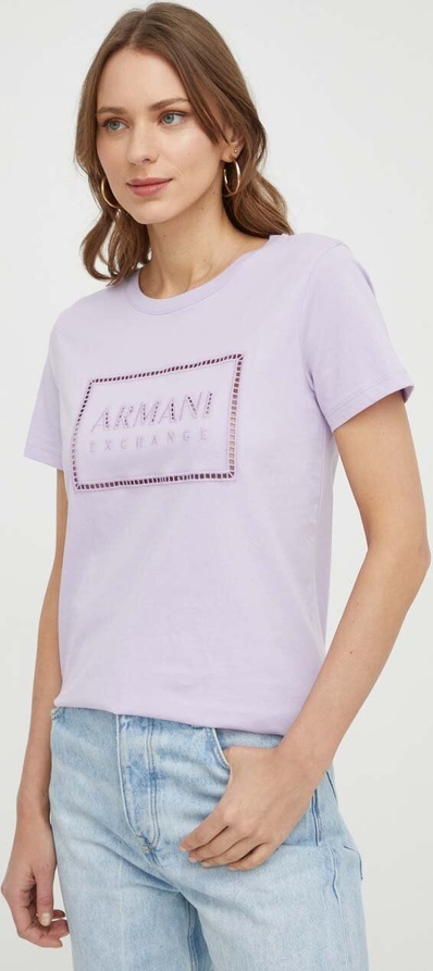 Fioletowy t-shirt Armani Exchange z krótkim rękawem z okrągłym dekoltem z bawełny