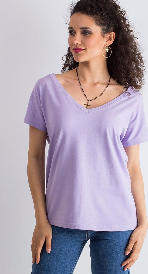 Fioletowy t-shirt Basic Feel Good z bawełny z dekoltem w kształcie litery v z krótkim rękawem