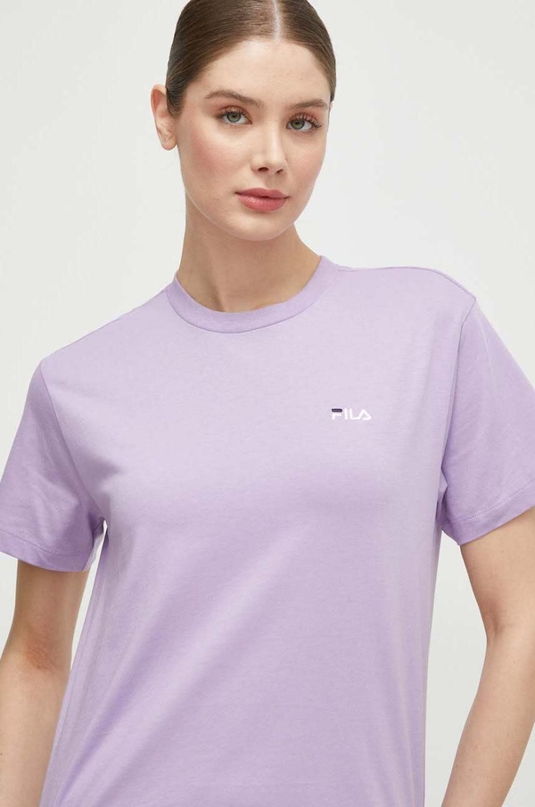 Fioletowy t-shirt Fila w sportowym stylu z okrągłym dekoltem z krótkim rękawem