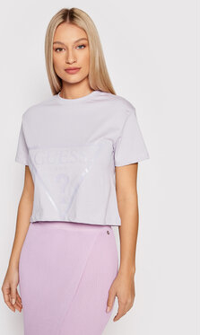 Fioletowy t-shirt Guess w stylu casual z krótkim rękawem z okrągłym dekoltem