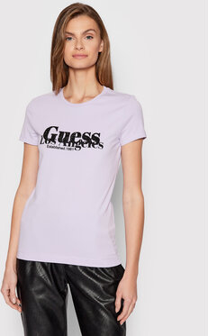 Fioletowy t-shirt Guess z krótkim rękawem w młodzieżowym stylu