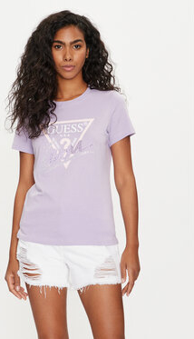 Fioletowy t-shirt Guess z krótkim rękawem w młodzieżowym stylu z okrągłym dekoltem