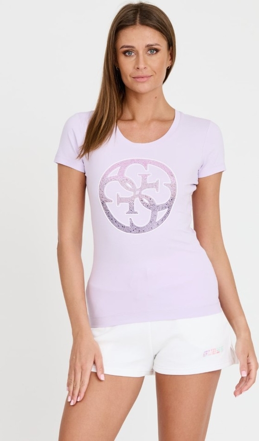 Fioletowy t-shirt Guess z okrągłym dekoltem w młodzieżowym stylu