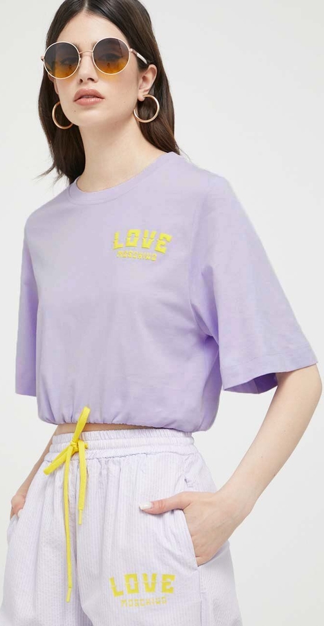 Fioletowy t-shirt Love Moschino z krótkim rękawem z okrągłym dekoltem z bawełny