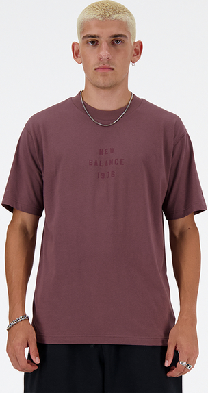 Fioletowy t-shirt New Balance z dresówki w stylu klasycznym z krótkim rękawem