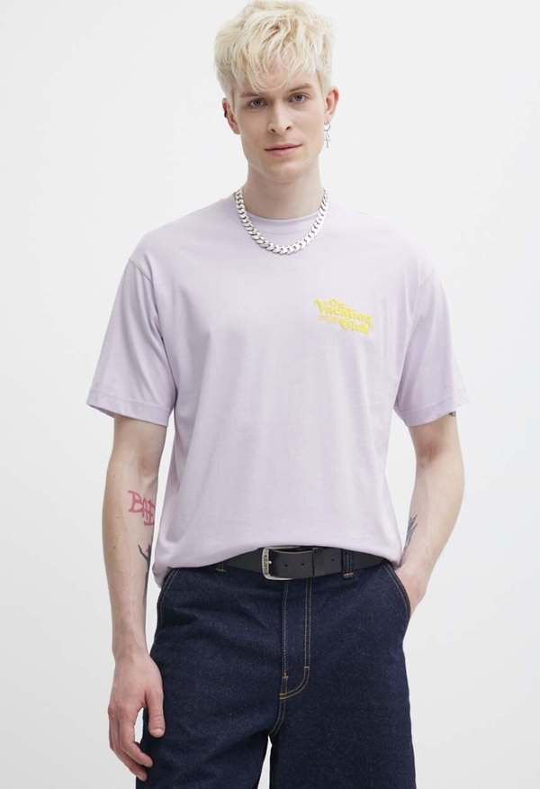Fioletowy t-shirt On Vacation z krótkim rękawem w stylu casual z bawełny