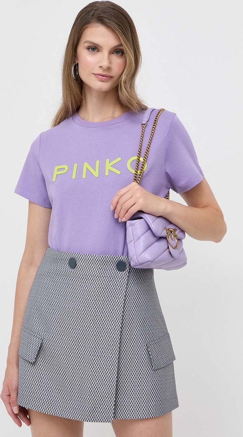 Fioletowy t-shirt Pinko w młodzieżowym stylu z bawełny z okrągłym dekoltem