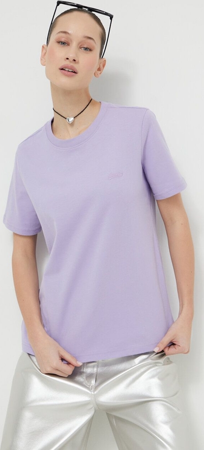 Fioletowy t-shirt Superdry z okrągłym dekoltem w stylu casual