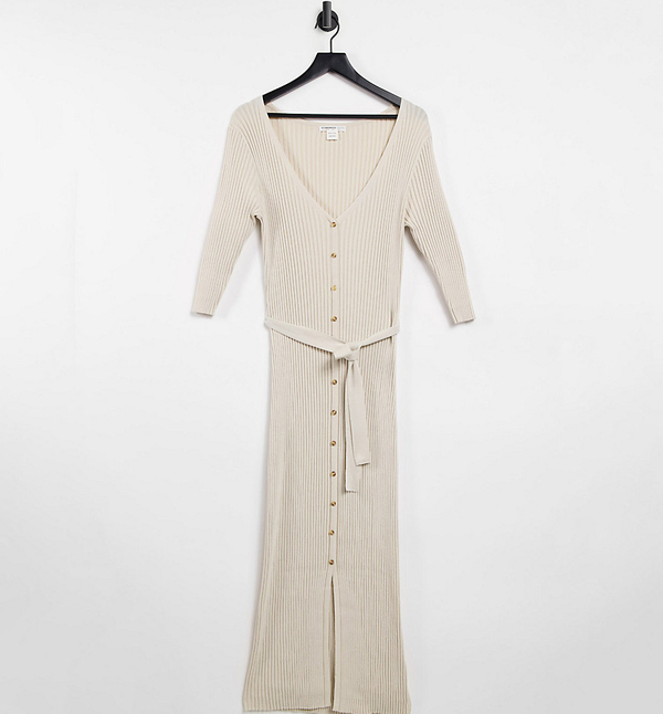 Glamorous Bloom – Prążkowana sukienka midi zapinana na guziki z wiązaniem w pasie-Beżowy