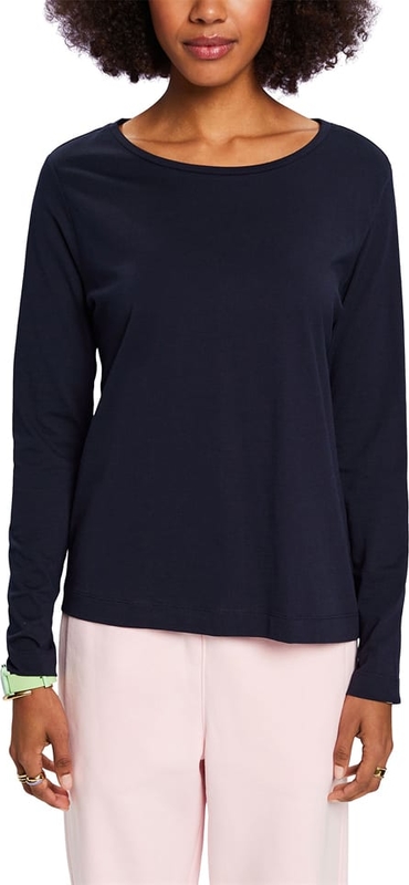 Granatowa bluzka Esprit z długim rękawem z bawełny z okrągłym dekoltem