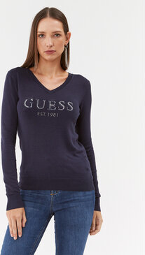 Granatowa bluzka Guess z dekoltem w kształcie litery v z długim rękawem