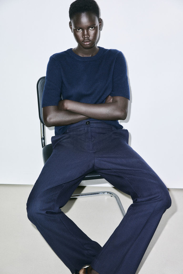 Granatowa bluzka H & M w stylu casual z okrągłym dekoltem z długim rękawem
