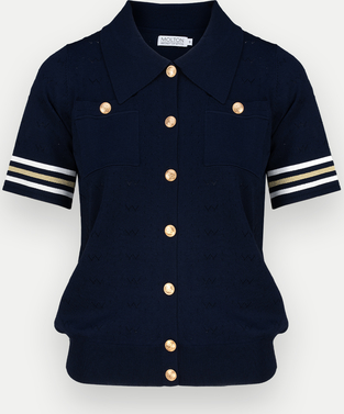 Granatowa bluzka Molton w stylu casual z krótkim rękawem z dekoltem w kształcie litery v